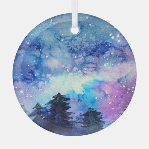 Watercolor Space Art Night Sky Trees Glass Ornament