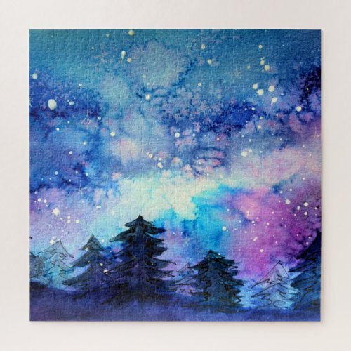Watercolor Space Art Night Sky Trees Jigsaw Puzzle