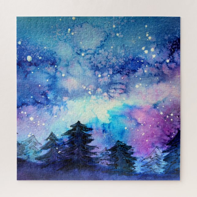 Watercolor Space Art: Night Sky Trees Jigsaw Puzzle (Vertical)