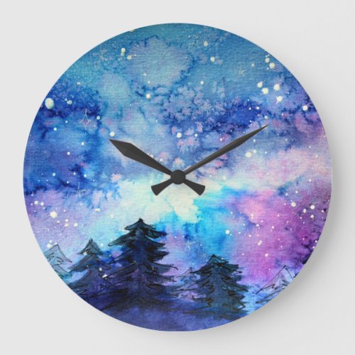 Watercolor Space Art Night Sky Trees Large Clock
