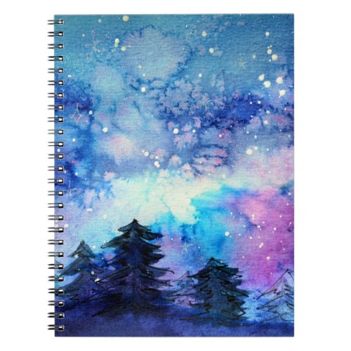 Watercolor Space Art Night Sky Trees Notebook