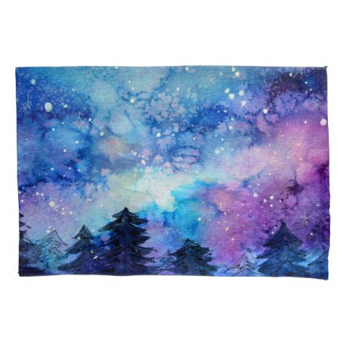 Watercolor Space Art Night Sky Trees Pillow Case