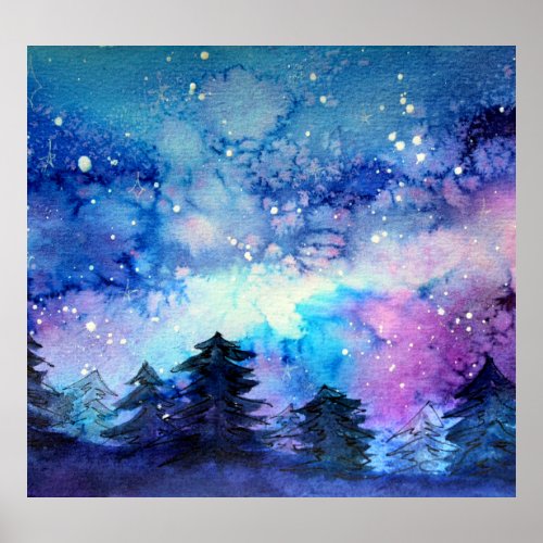 Watercolor Space Art Night Sky Trees Poster