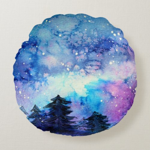 Watercolor Space Art Night Sky Trees Round Pillow
