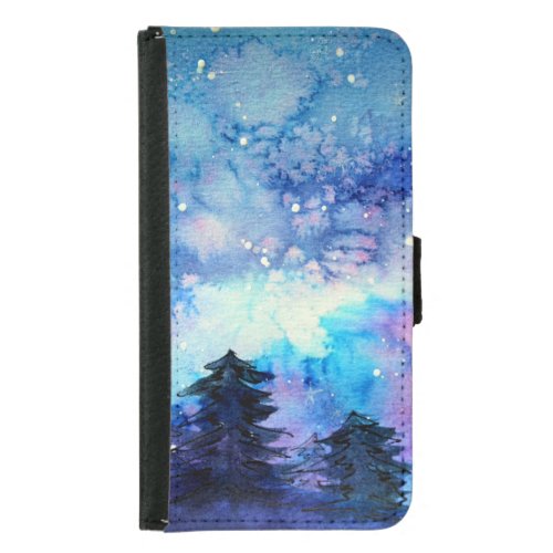 Watercolor Space Art Night Sky Trees Samsung Galaxy S5 Wallet Case