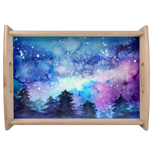 Watercolor Space Art Night Sky Trees Serving Tray