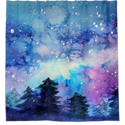 Watercolor Space Art Night Sky Trees Shower Curtain