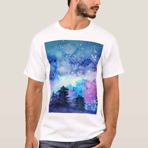 Watercolor Space Art Night Sky Trees T_Shirt