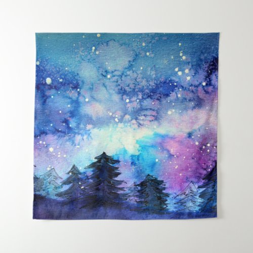 Watercolor Space Art Night Sky Trees Tapestry