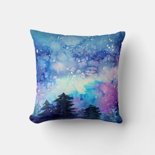 Watercolor Space Art Night Sky Trees Throw Pillow