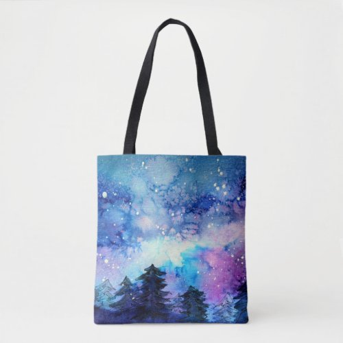 Watercolor Space Art Night Sky Trees Tote Bag