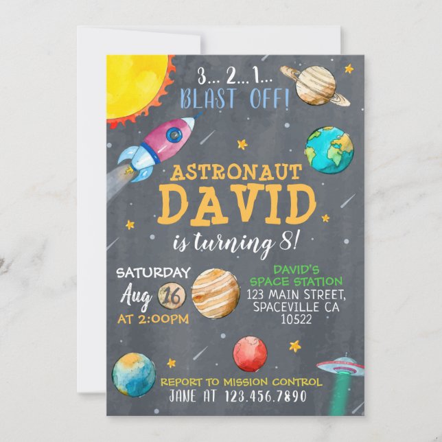 Watercolor Space Birthday Party Invitation (Front)