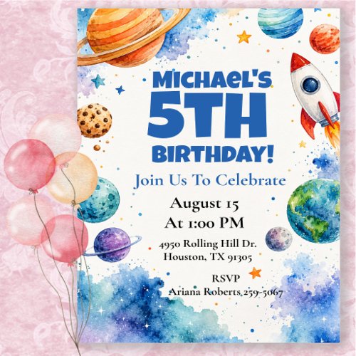 Watercolor Space Birthday Party Invitation