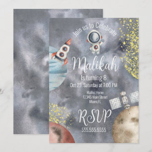 Watercolor Space Galaxy Astronaut Birthday Party Invitation