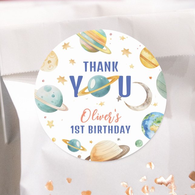 Watercolor Space Galaxy Boy 1st Birthday Party  Classic Round Sticker (Creator Uploaded)