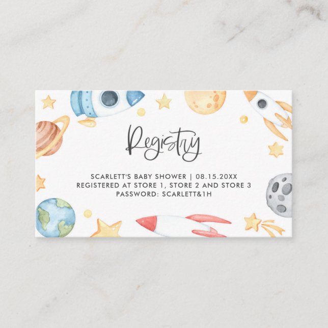 Watercolor Space Theme Baby Shower Registry Card (Front)