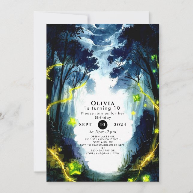 Watercolor Sparkle Woodland Birthday Invitation (Front)