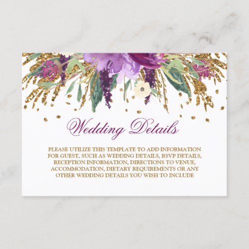 Watercolor Sparkling Amethyst Wedding Details Enclosure Card