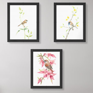Watercolor Sparrow on Branch  Wall Art Sets