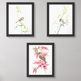 Watercolor Sparrow on Branch Wall Art Sets