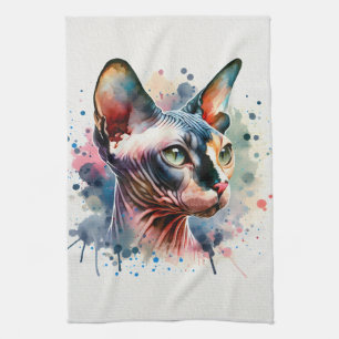 Watercolor Sphynx Cat Artistic Portrait Kitchen Towel