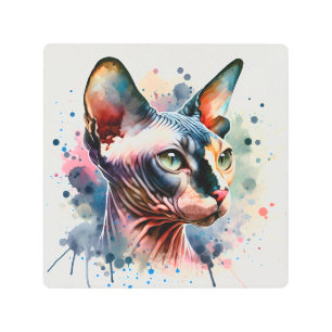 Watercolor Sphynx Cat Artistic Portrait Metal Print