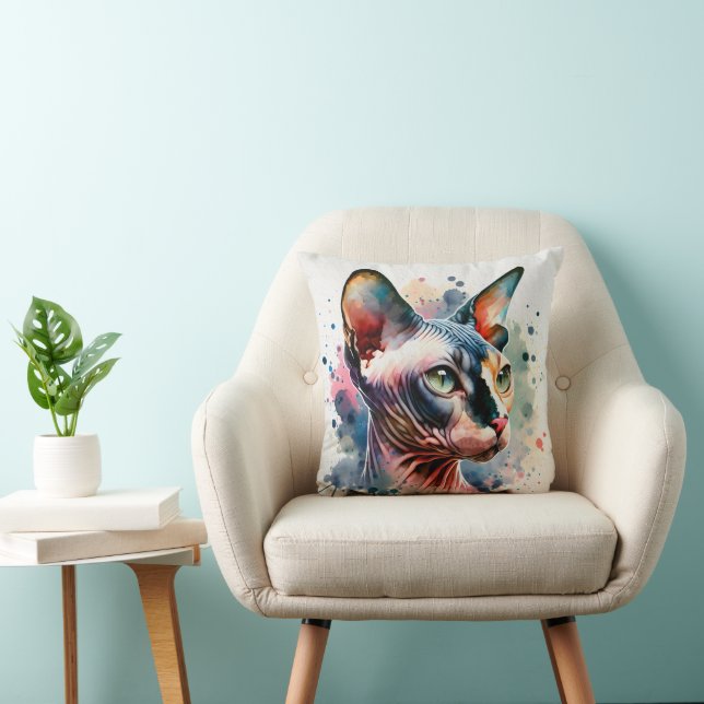 Watercolor Sphynx Cat Artistic Portrait Throw Pillow (Chair)
