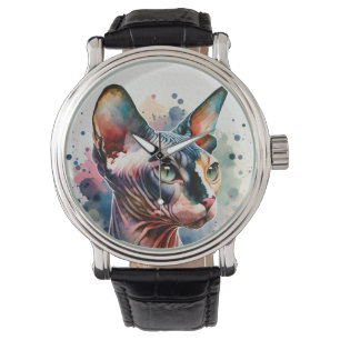 Watercolor Sphynx Cat Artistic Portrait Watch