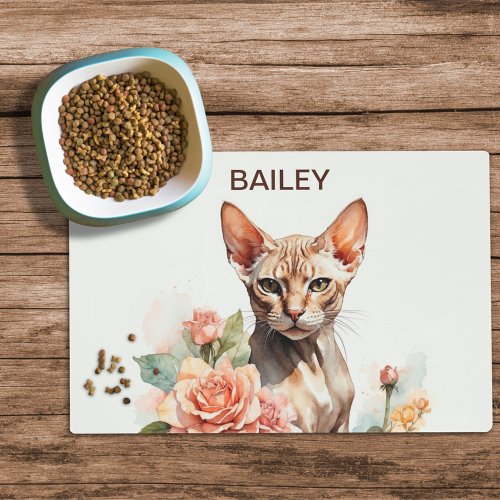 Watercolor Sphynx Cat  Roses Custom Cat Food Mat