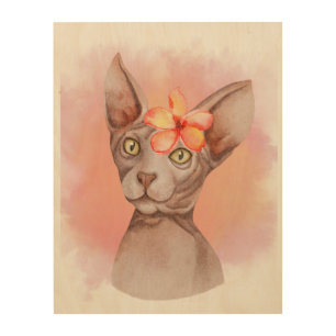 Watercolor Sphynx cat with flower Wood Wall Art