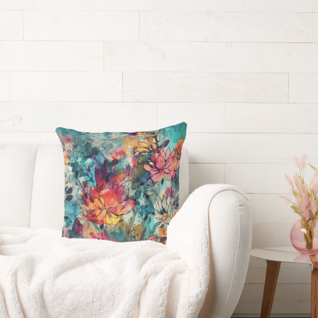Watercolor Splash and Ink Floral Throw Pillow (Couch)