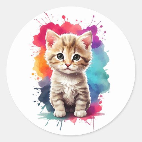 Watercolor Splash Art Cute Kitten Splatter Paint Classic Round Sticker