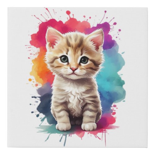 Watercolor Splash Art Cute Kitten Splatter Paint Faux Canvas Print