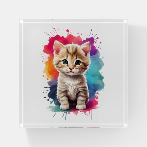 Watercolor Splash Art Cute Kitten Splatter Paint Paperweight