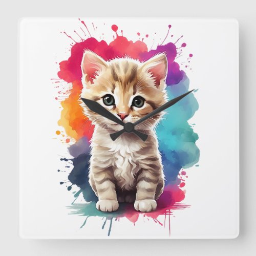 Watercolor Splash Art Cute Kitten Splatter Paint Square Wall Clock