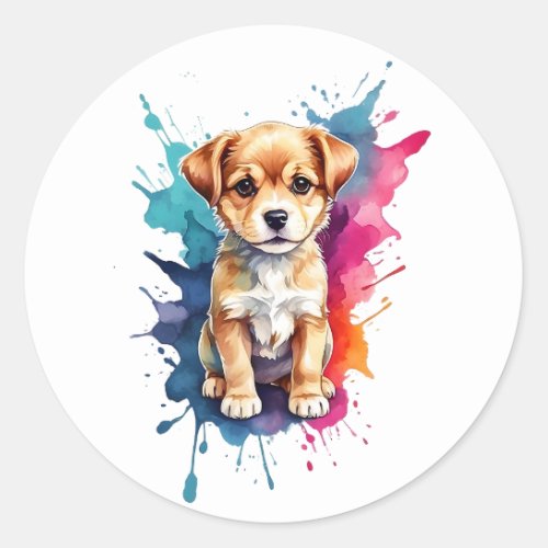 Watercolor Splash Art Cute Puppy Splatter Paint Classic Round Sticker