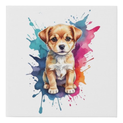 Watercolor Splash Art Cute Puppy Splatter Paint  Faux Canvas Print