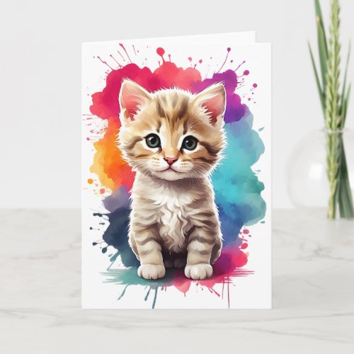 Watercolor Splash Art Kitten Splatter Paint Blank  Card