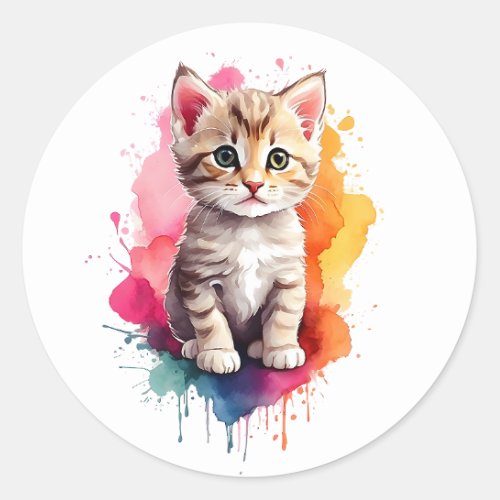 Watercolor Splash Art Kitty Cat Splatter Paint Classic Round Sticker