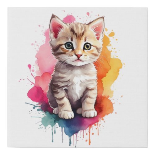 Watercolor Splash Art Kitty Cat Splatter Paint Faux Canvas Print