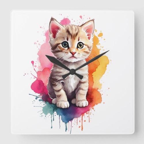Watercolor Splash Art Kitty Cat Splatter Paint Square Wall Clock