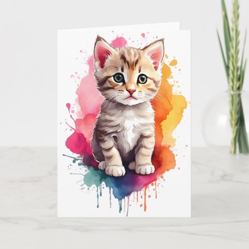 Watercolor Splash Art Kitty Splatter Paint Blank  Card