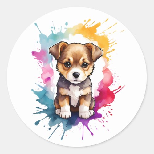 Watercolor Splash Art Puppy Dog Splatter Paint Classic Round Sticker