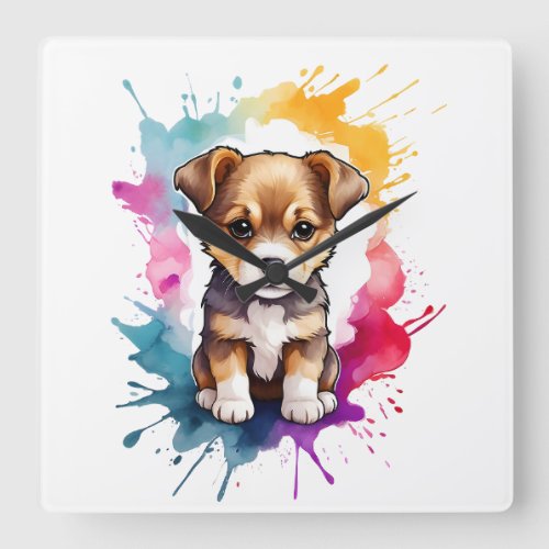 Watercolor Splash Art Puppy Dog Splatter Paint Square Wall Clock