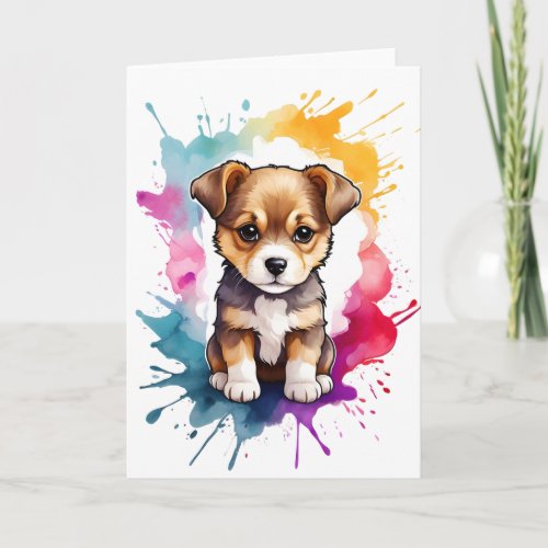 Watercolor Splash Art Puppy Splatter Paint Blank  Card