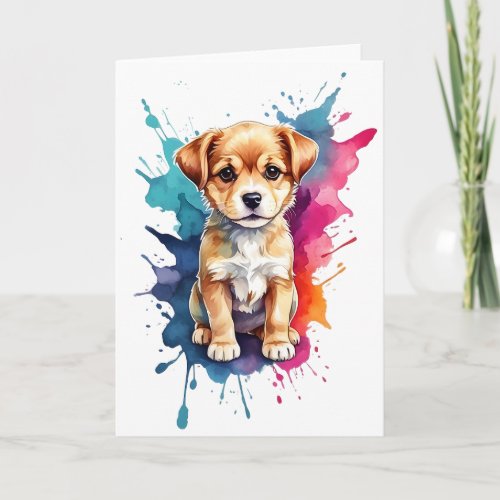 Watercolor Splash Art Puppy Splatter Paint Blank  Card