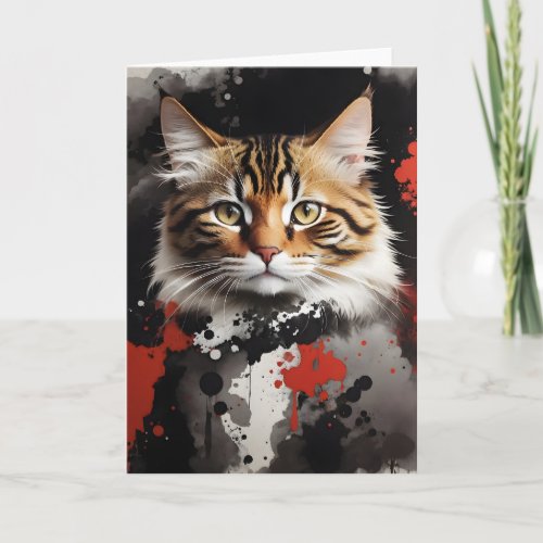 Watercolor Splash Art Tabby Cat Black Red Blank  Card