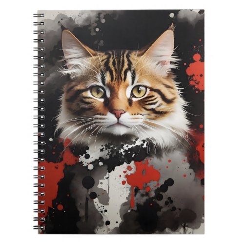 Watercolor Splash Art Tabby Cat Black Red  Notebook