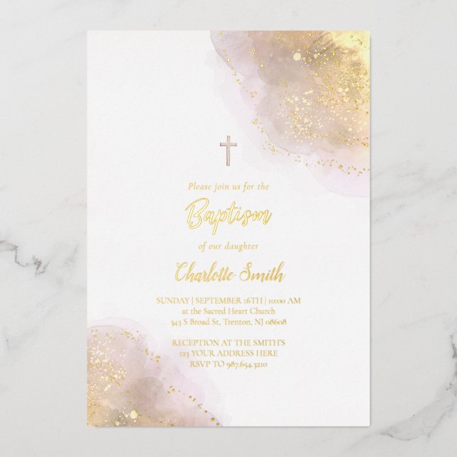 watercolor splash Baptism Foil Invitation (Front)