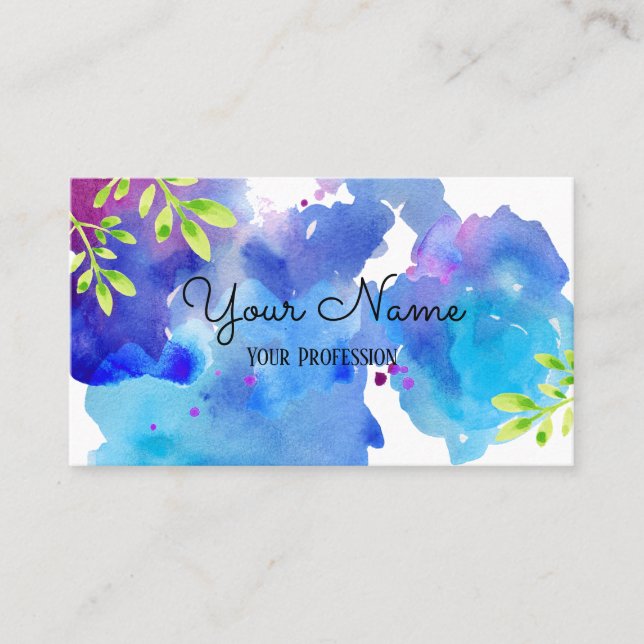 Watercolor Splash Blue, Purple Abstract Leaves Business Card (Front)